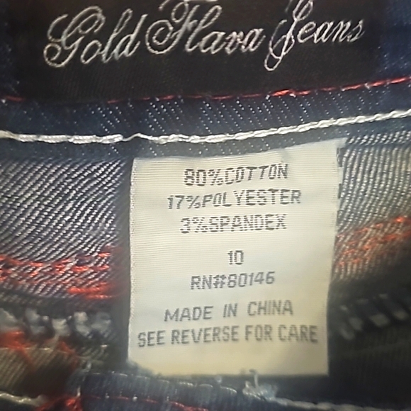Gold Flara Blue Jeans, Sz 10 (W34"/L39"), Red/Gold Rhinestones Pocket Designs - Picture 10 of 12